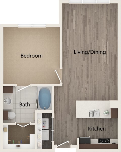 Floor plan for 1 bed, 1 bath, 702 sqft